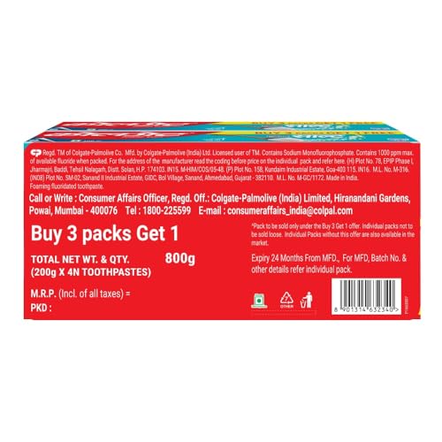 Colgate Active Salt Toothpaste, Daily Germ Protection, Combo Pack of 800g (Buy 3 Get 1 Free) with Salt and Mint, Healthy Gums & Teeth, Tooth paste that Fights Germs & Provides Fresh Breath