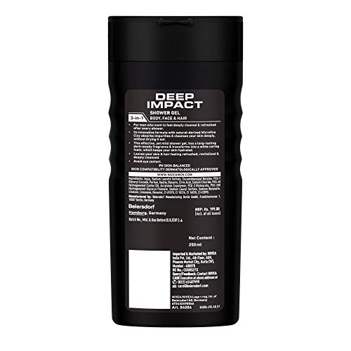 NIVEA Men Body Wash, Deep Impact Deodorant, 3 In 1 Shower Gel For Body, Face & Hair, With Microfine Clay, 250ml (Pack of 2)