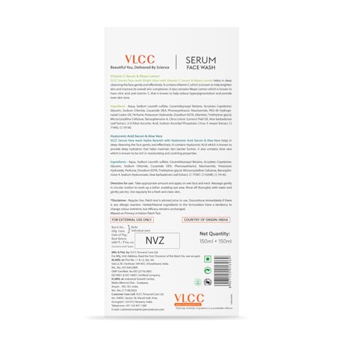 VLCC Vitamin C & Meyer Lemon Serum Facewash - 150 ml to Reduce Pigmentation & Brighten for AM | with Free Hyaluronic Acid & Aloe Vera Serum Facewash - 150 ml to Strengthen Skin Barrier for PM (B1G1)