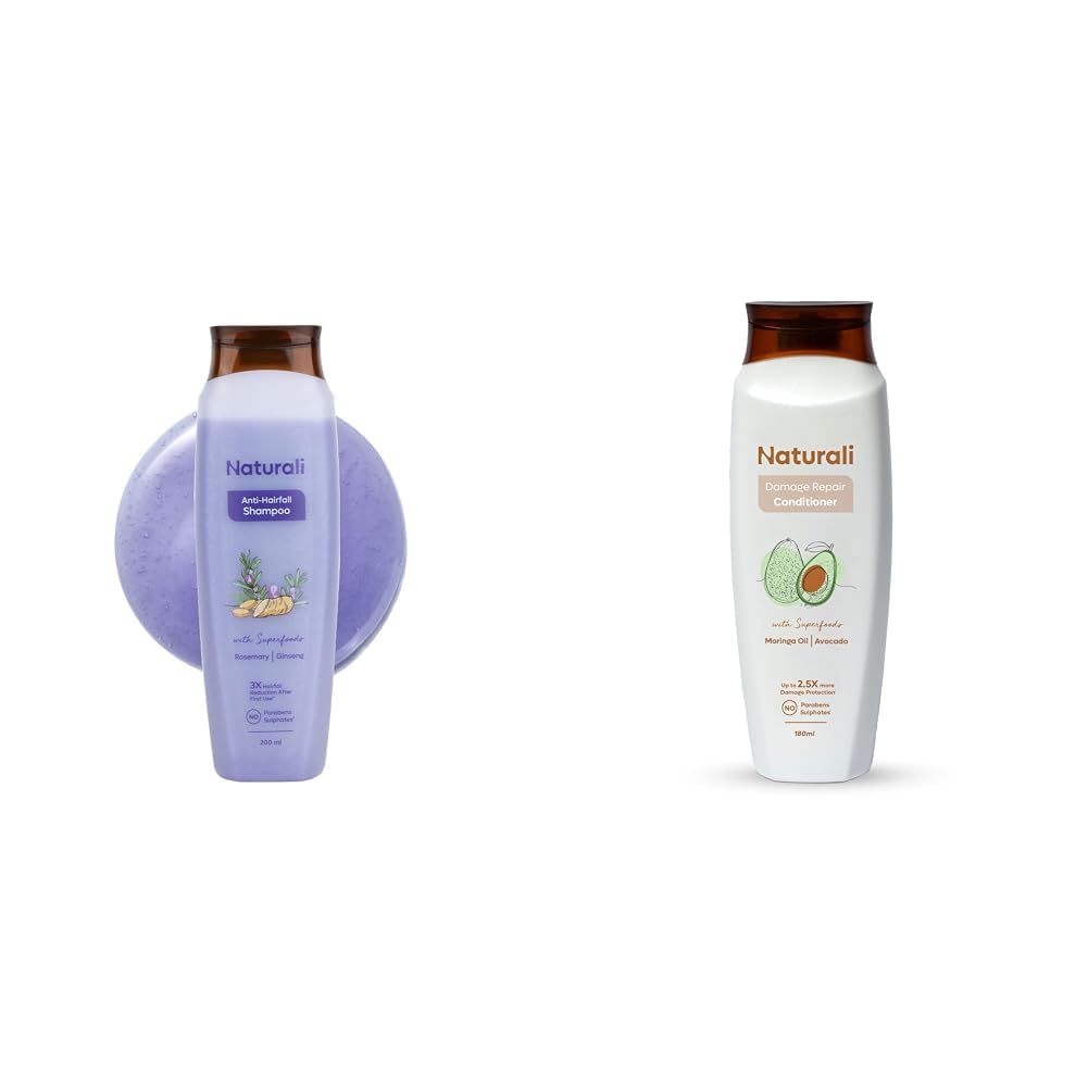 Naturali Anti Hairfall Shampoo + Damage Repair Conditioner | 3x Lesser Hair Breakage | Promotes Hair Growth | Repairs Split Ends | Sulphate & Paraben Free Shampoo & Conditioner | 200ml+180ml