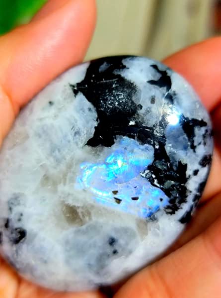 Rainbow Moonstone Large Palm Stone - Pocket Massage Worry Stone for Natural Body Chakra Balancing, Reiki Healing and Crystal Grid Rainbow Moonstone (Large)