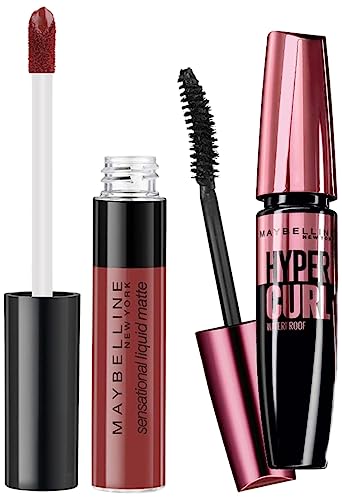 Maybelline New York Hypercurl Mascara Waterproof, Black, 9.2ml & Maybelline New York Sensational Liquid Matte Lipstick 11, Made Easy, 7G.