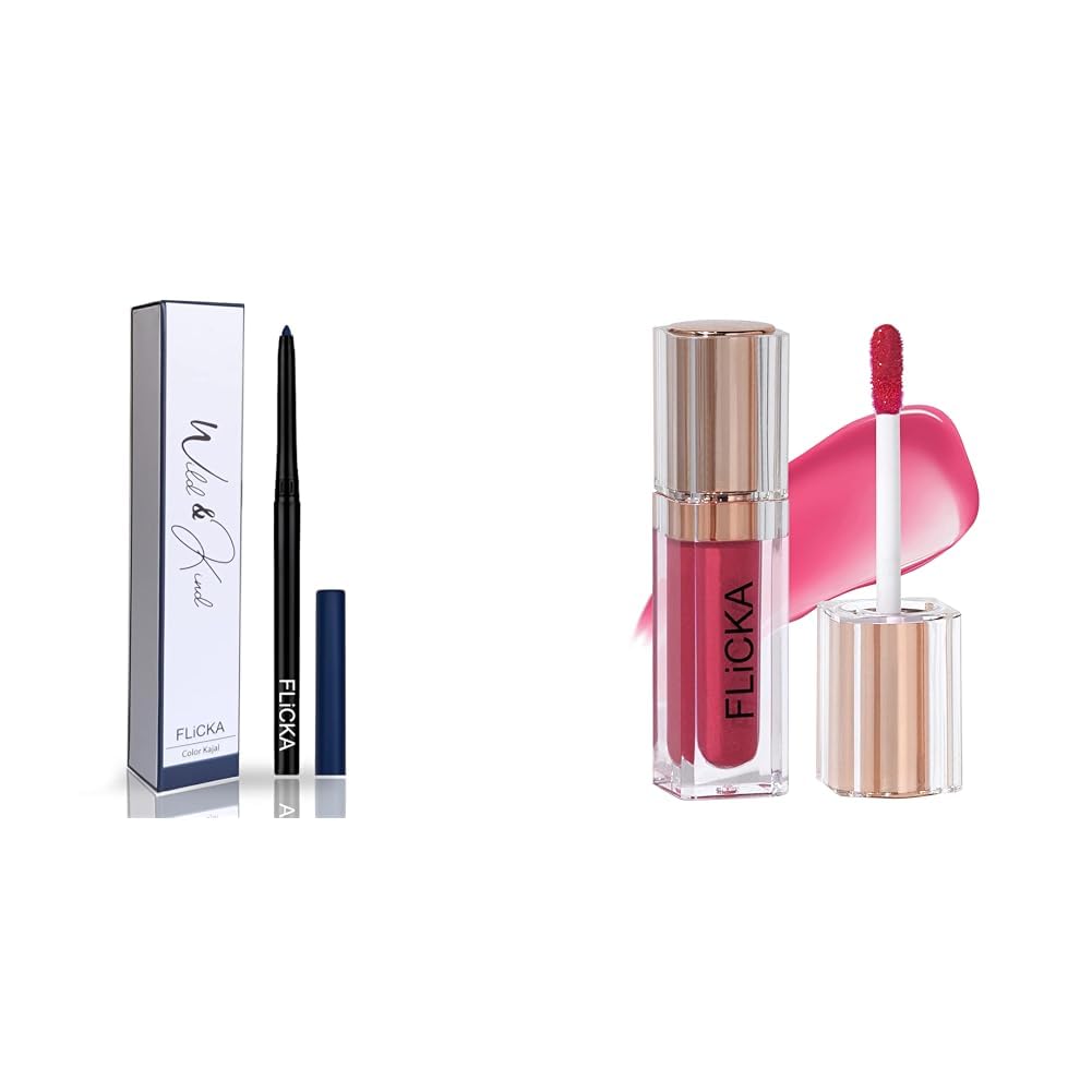 Flicka Wild & Kind Twist Kajal Pen 05 Regal Blue Waterproof & Long Lasting 0.30gm Shimmery Affair Lip Gloss 6 Gin Baby Pink 5ml