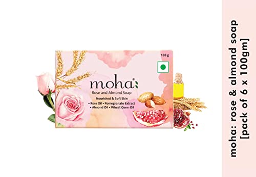 moha: Rose and Almond Bath Soap Unisex Bathing Bar with the benefits of Rose oil Pomegranate extract Almond oil wheat germ oil for soft, nourished and youthful skin - 100gm (Pack of 6)