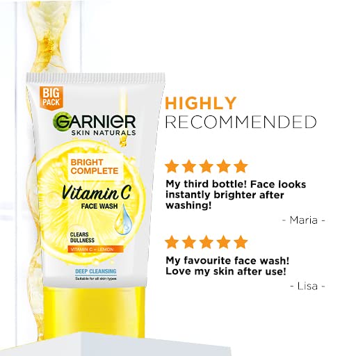 Garnier Skin Naturals Bright Complete Vitamin C Facewash, For Brighter and Glowing Skin - Daily Cleanser Suitable For all Skin Types, 150g (Pack of 2)