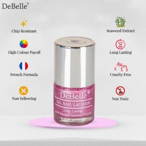 DeBelle Gel Nail Polish Roselin Fiesta (Metallic Rose Pink Nail Paint)|Non UV - Gel Finish |Chip Resistant | Seaweed Enriched Formula| Long Lasting|Cruelty and Toxic Free| 8ml