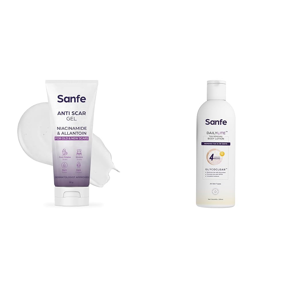 Sanfe Anti Scar Gel DailyLite Tan Removal Body Lotion Detan Non-sticky Matte Finish Removes & Prevents Tan SPF 30 Glycoclear Technology Lightens & Hydrates Results in 4 weeks