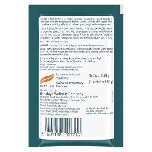 Himalaya Koflet-H Hot Drink | Ginger Flavor | Pack of 10 Sachets | Relief from Cough and Cold Symptoms | Contains Honey | Has Goodness of Herbs