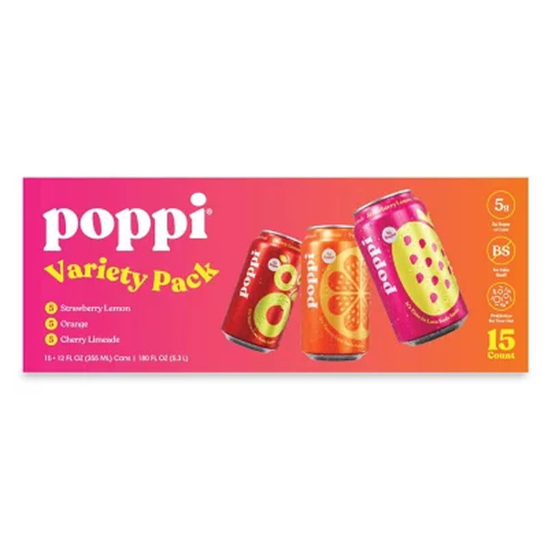 Poppi Prebiotic Soda Fruit Variety Pack 12 Fl. Oz., 15 Pk.