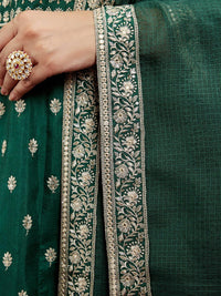 Libas Art Bottle Green Embroidered Silk A-Line Kurta with Trousers & Dupatta