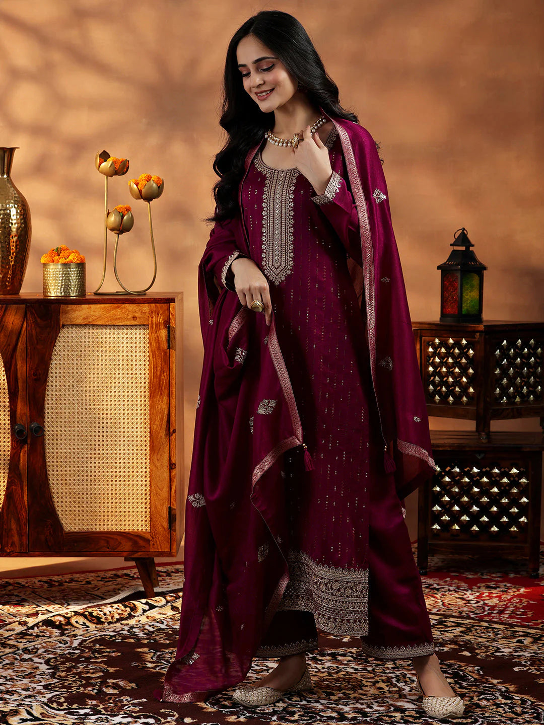 Maroon Embroidered Silk Blend Straight Suit with Dupatta