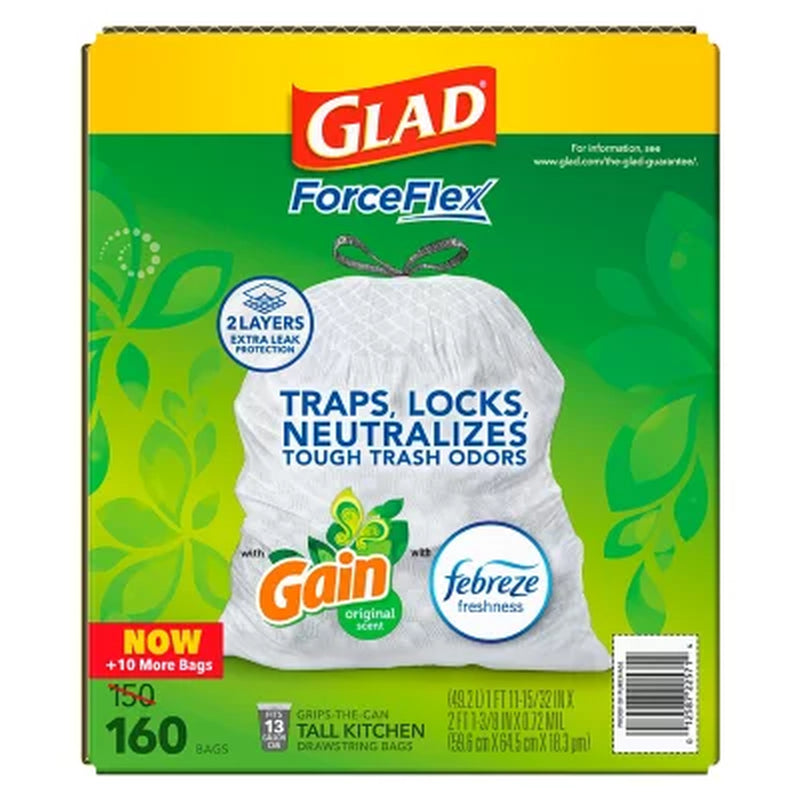 Glad Forceflex 13-Gallon Kitchen Trash Bags, Gain Original Scent + Febreze, 160 Ct.