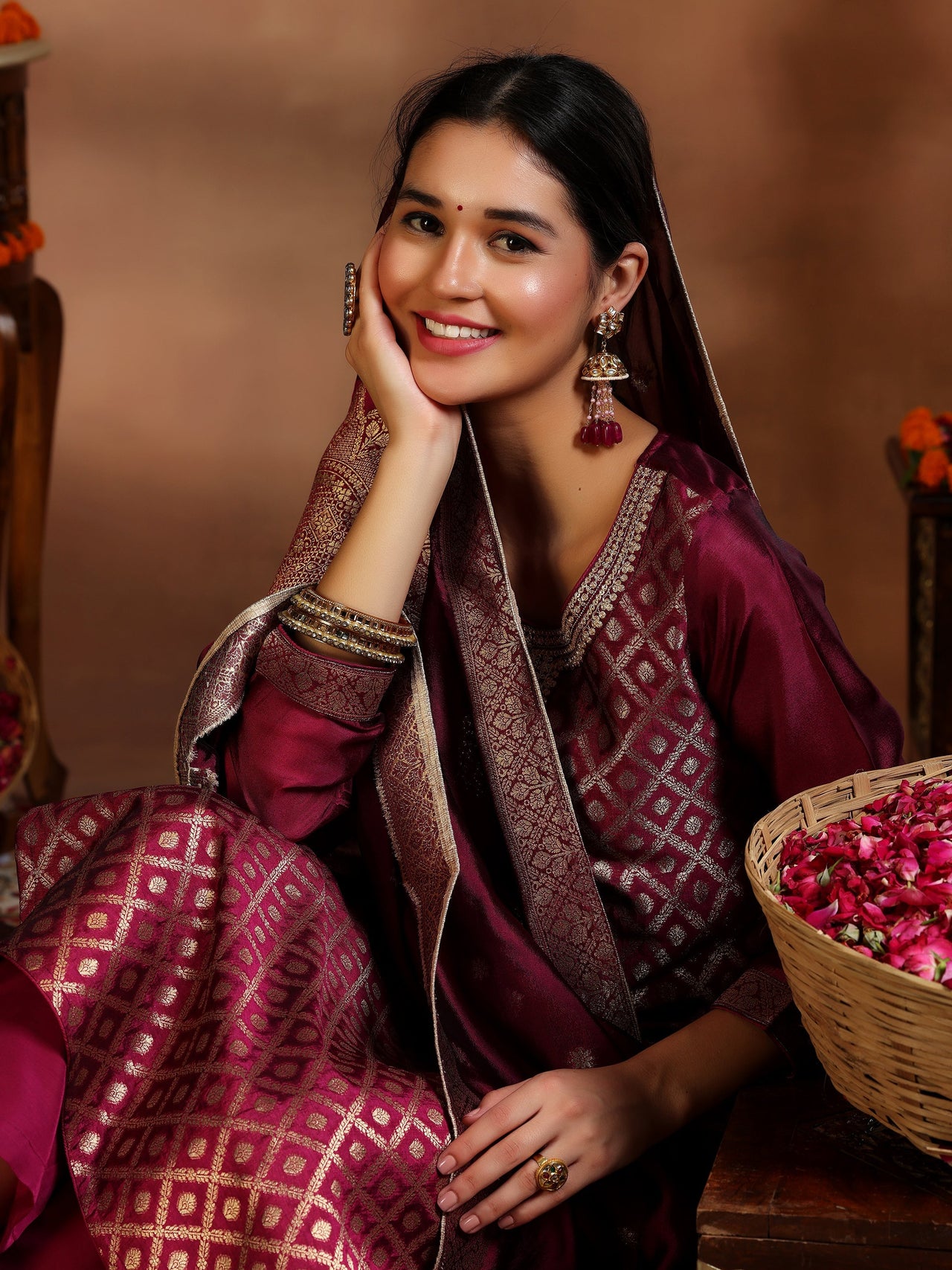 Magenta Woven Design Silk Blend Straight Suit with Dupatta