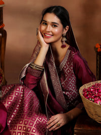 Magenta Woven Design Silk Blend Straight Suit with Dupatta