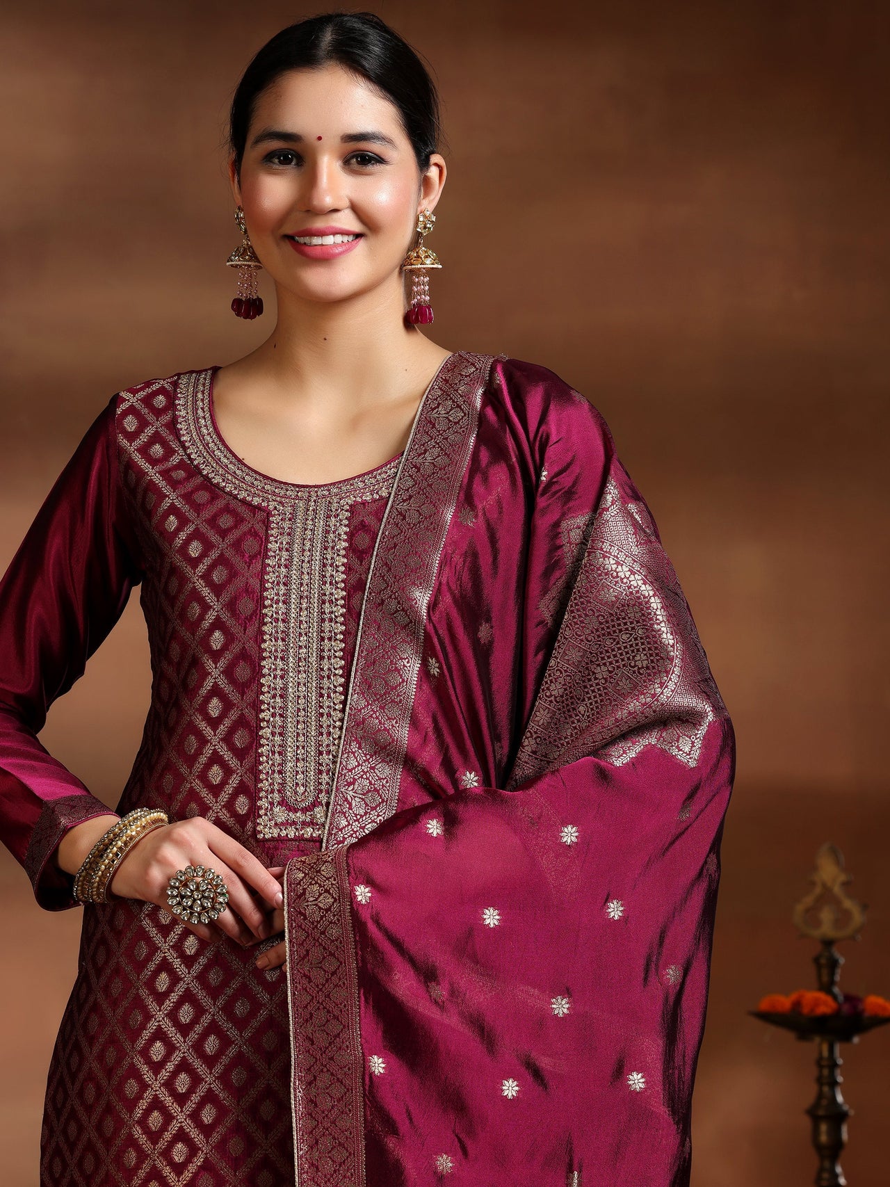 Magenta Woven Design Silk Blend Straight Suit with Dupatta