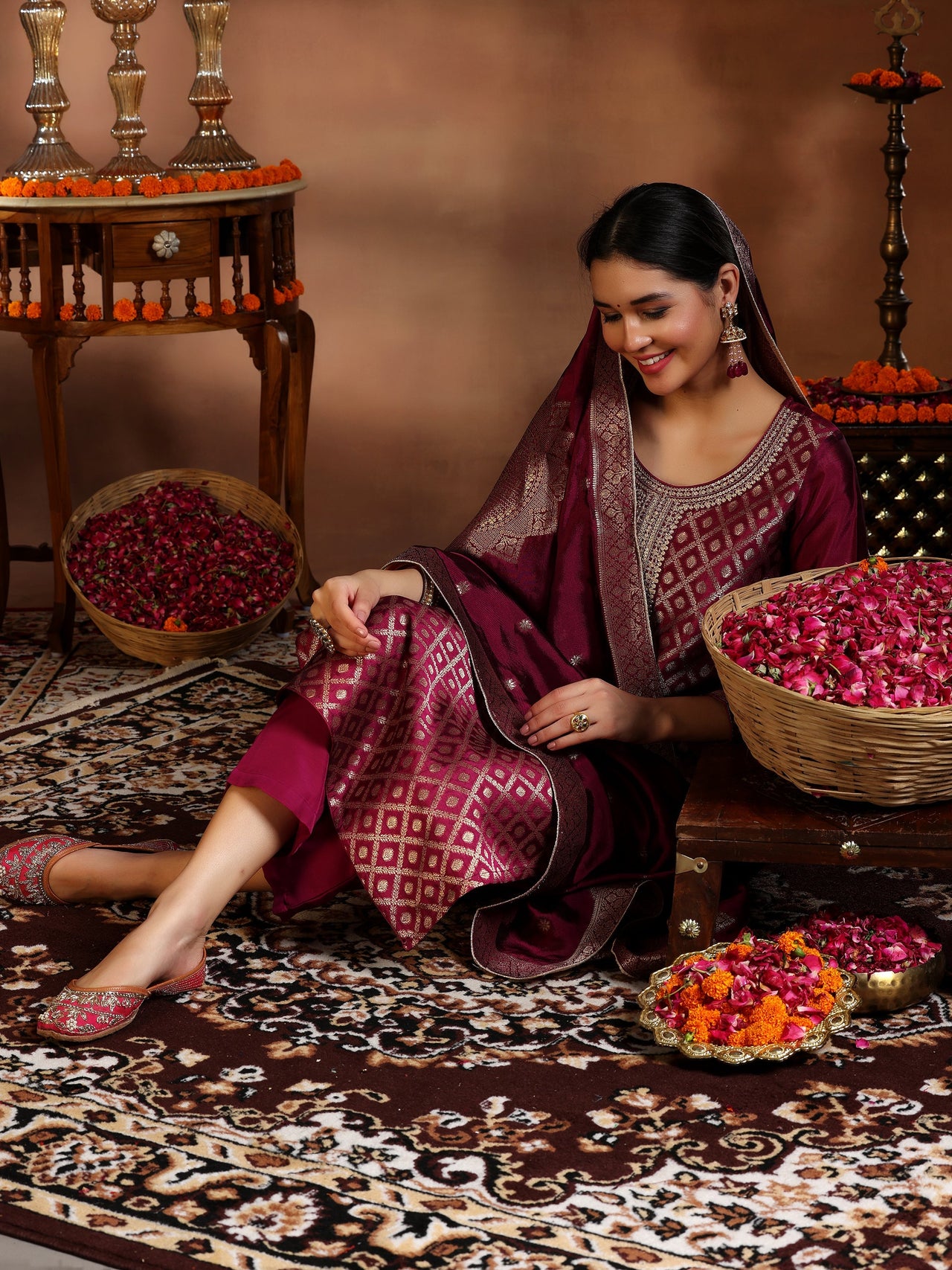 Magenta Woven Design Silk Blend Straight Suit with Dupatta