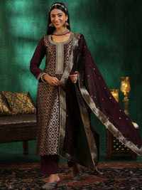 Wine Woven Design Silk Blend Straight Suit with Dupatta