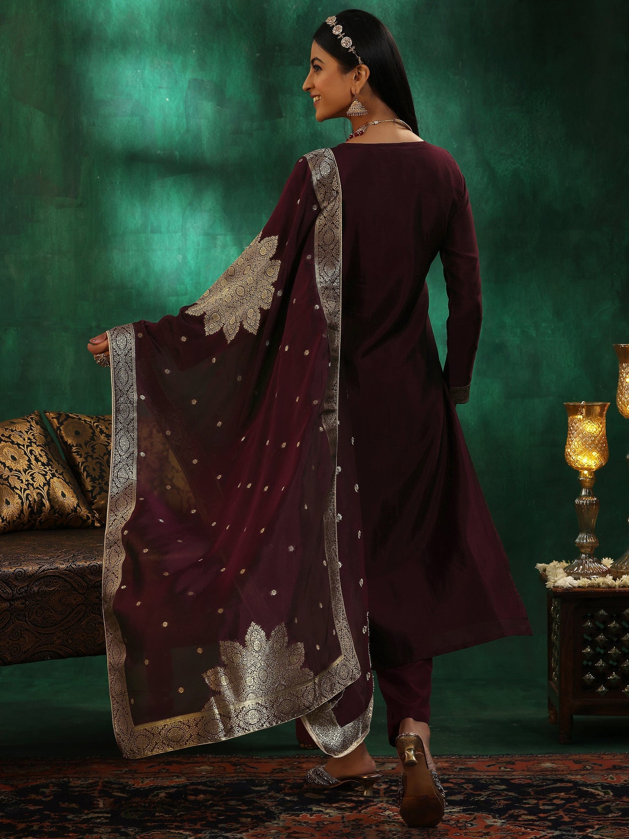 Wine Woven Design Silk Blend Straight Suit with Dupatta