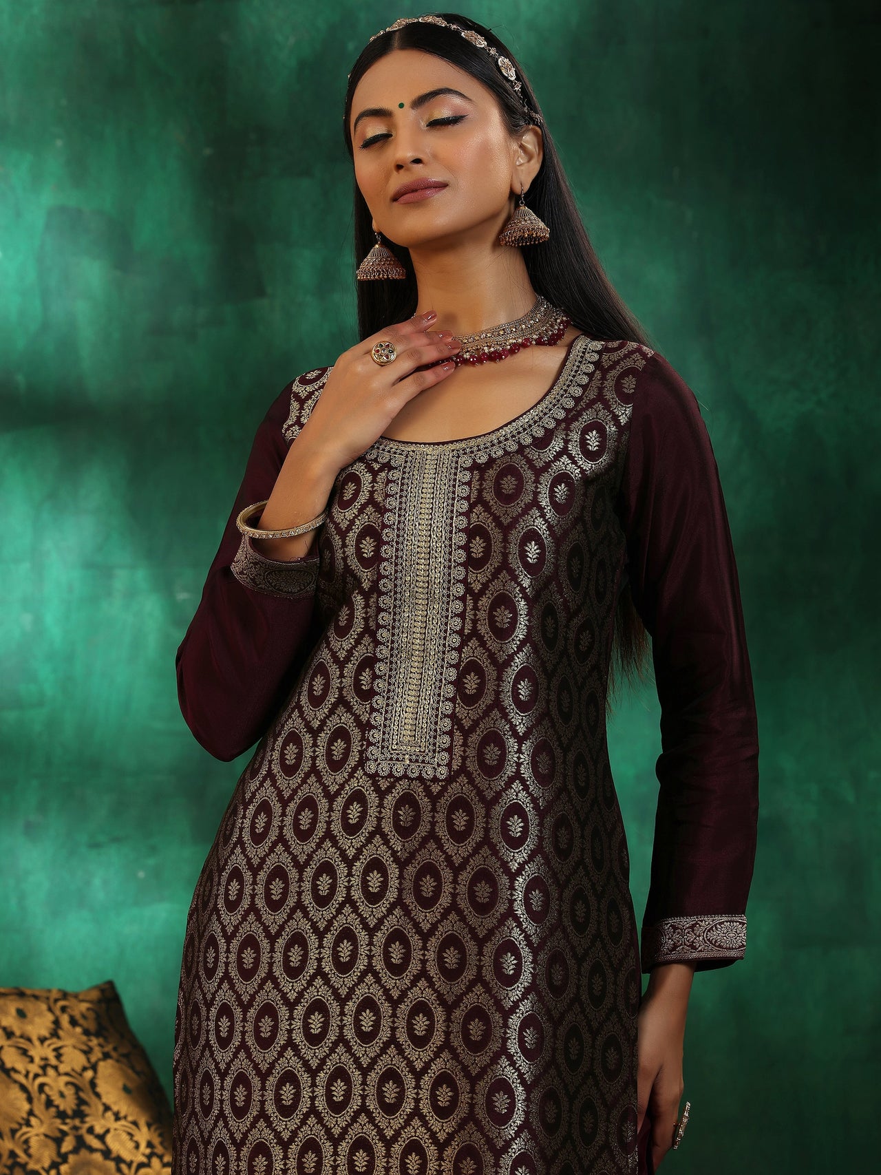 Wine Woven Design Silk Blend Straight Suit with Dupatta