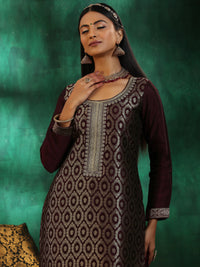 Wine Woven Design Silk Blend Straight Suit with Dupatta