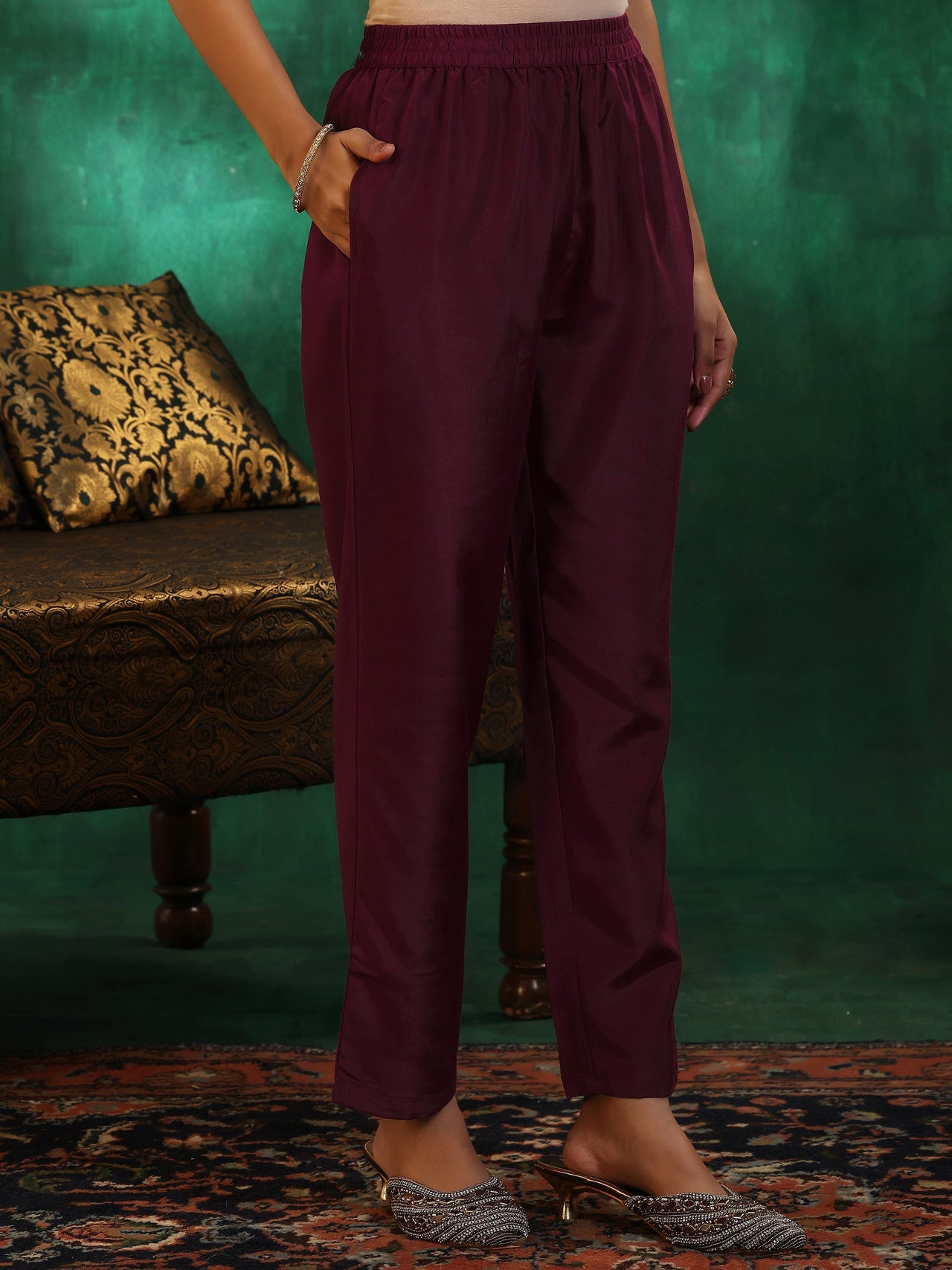 Wine Woven Design Silk Blend Straight Suit with Dupatta