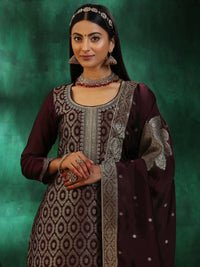 Wine Woven Design Silk Blend Straight Suit with Dupatta