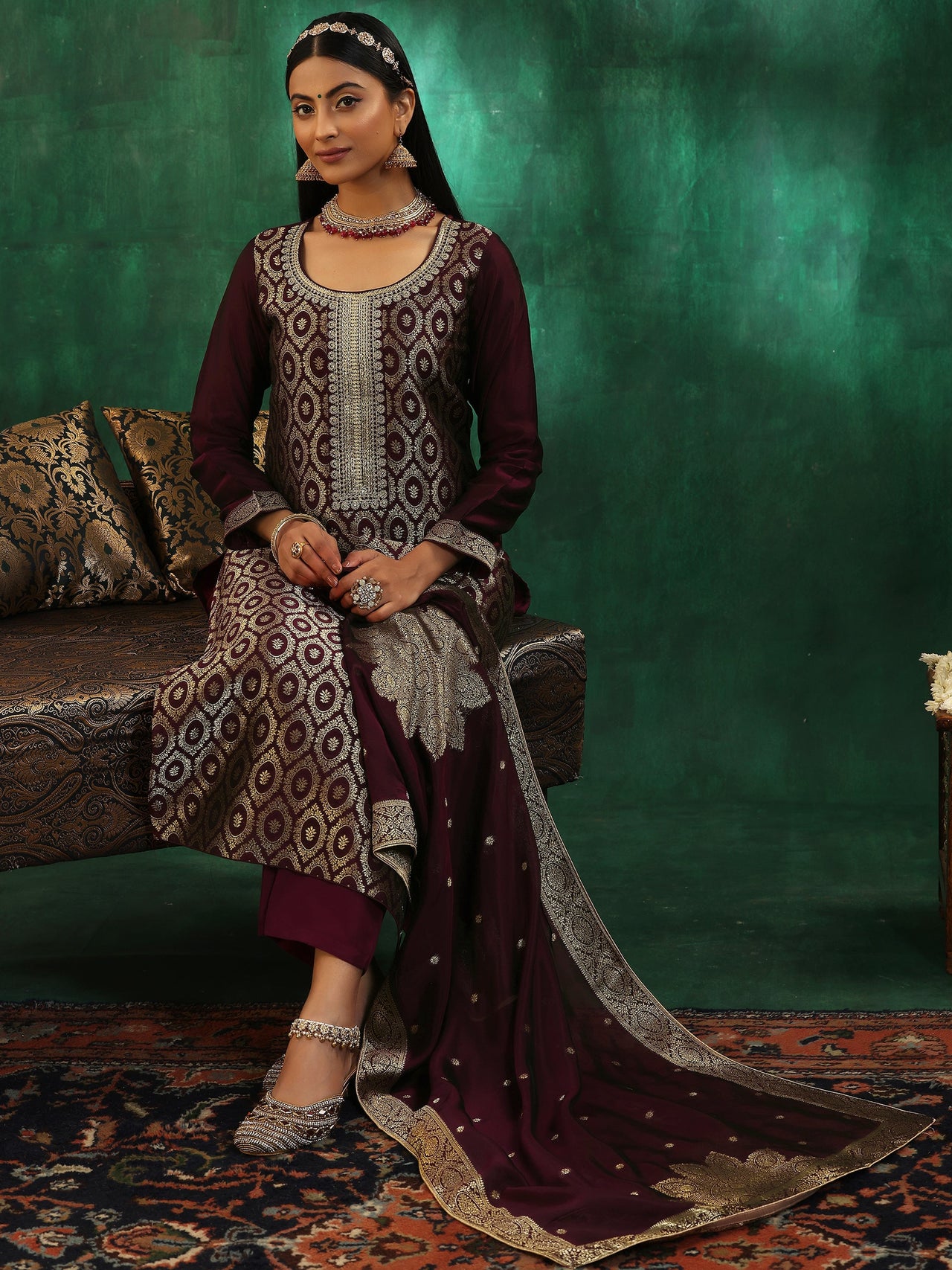 Wine Woven Design Silk Blend Straight Suit with Dupatta