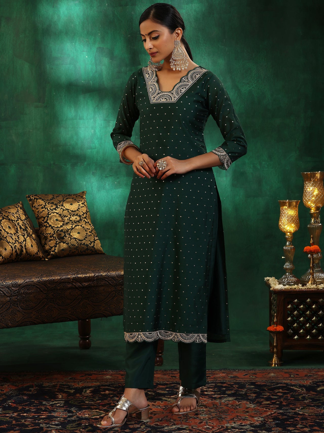 Green Self Design Silk Blend Straight Suit with Dupatta