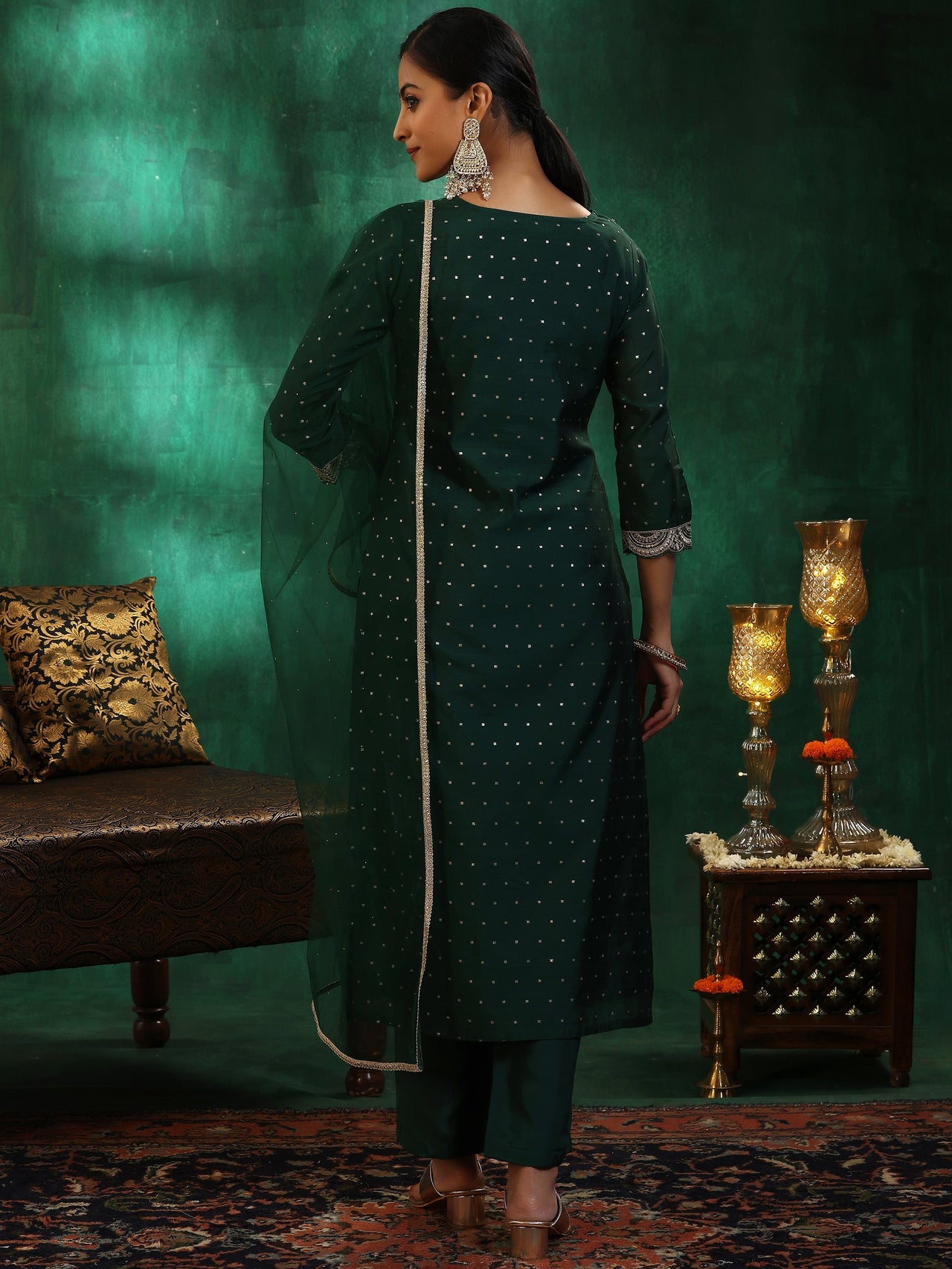 Green Self Design Silk Blend Straight Suit with Dupatta