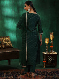 Green Self Design Silk Blend Straight Suit with Dupatta