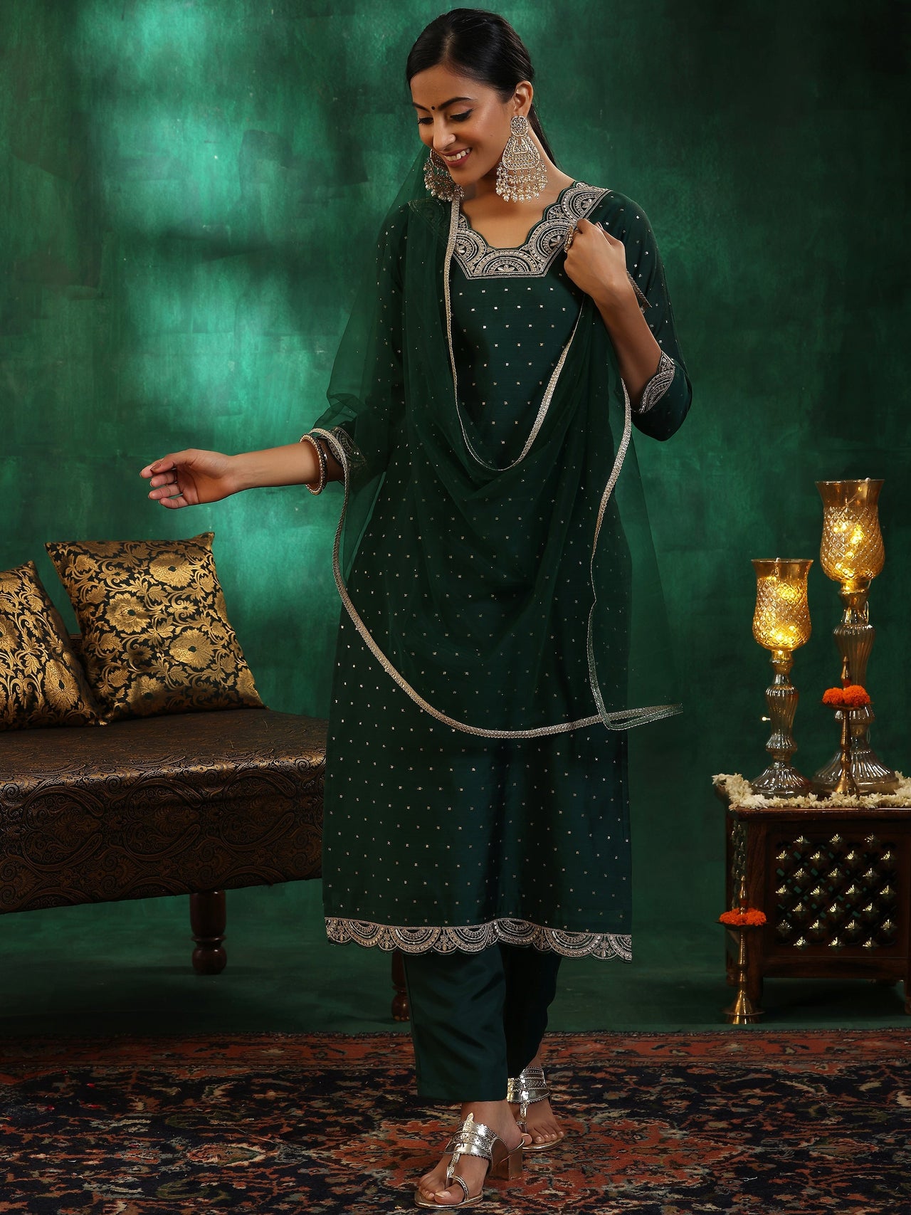 Green Self Design Silk Blend Straight Suit with Dupatta