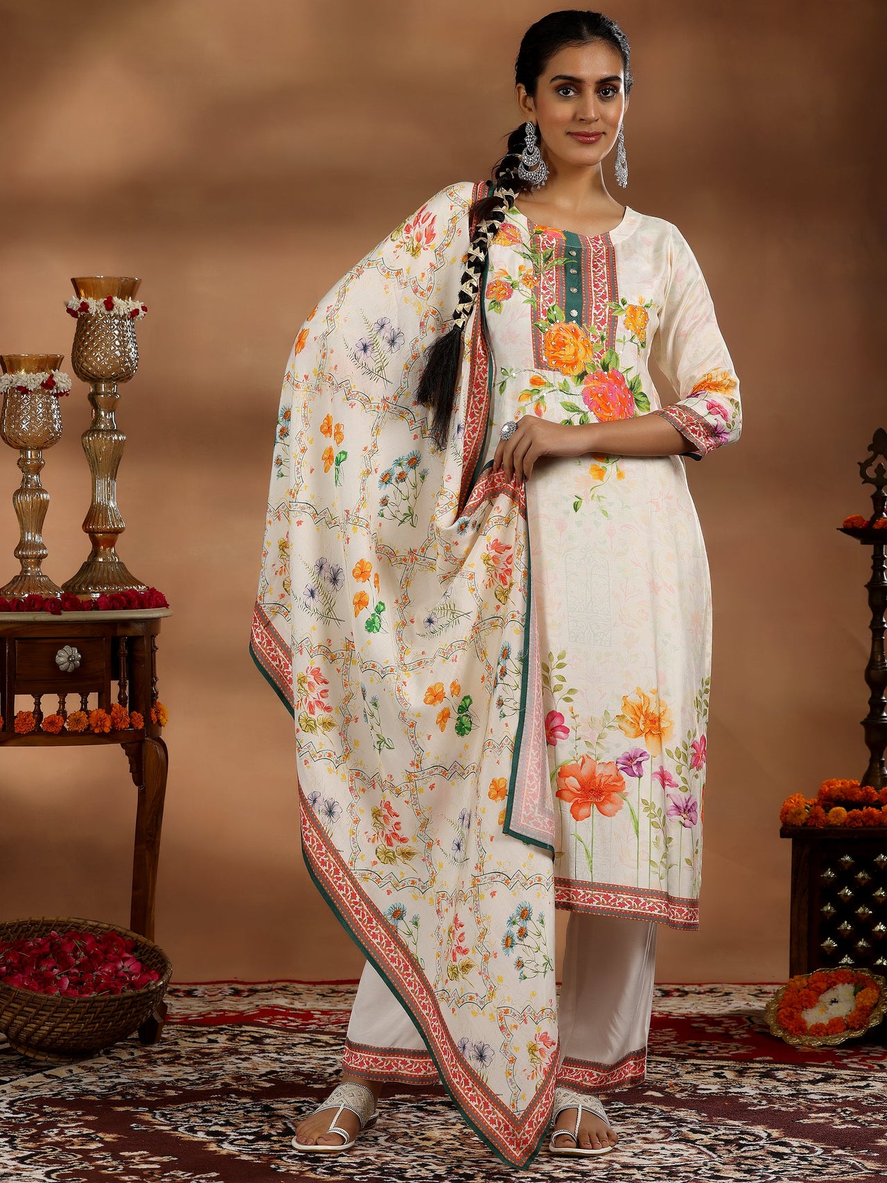 Off White Printed Muslin Straight Suit with Dupatta