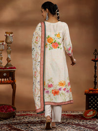 Off White Printed Muslin Straight Suit with Dupatta