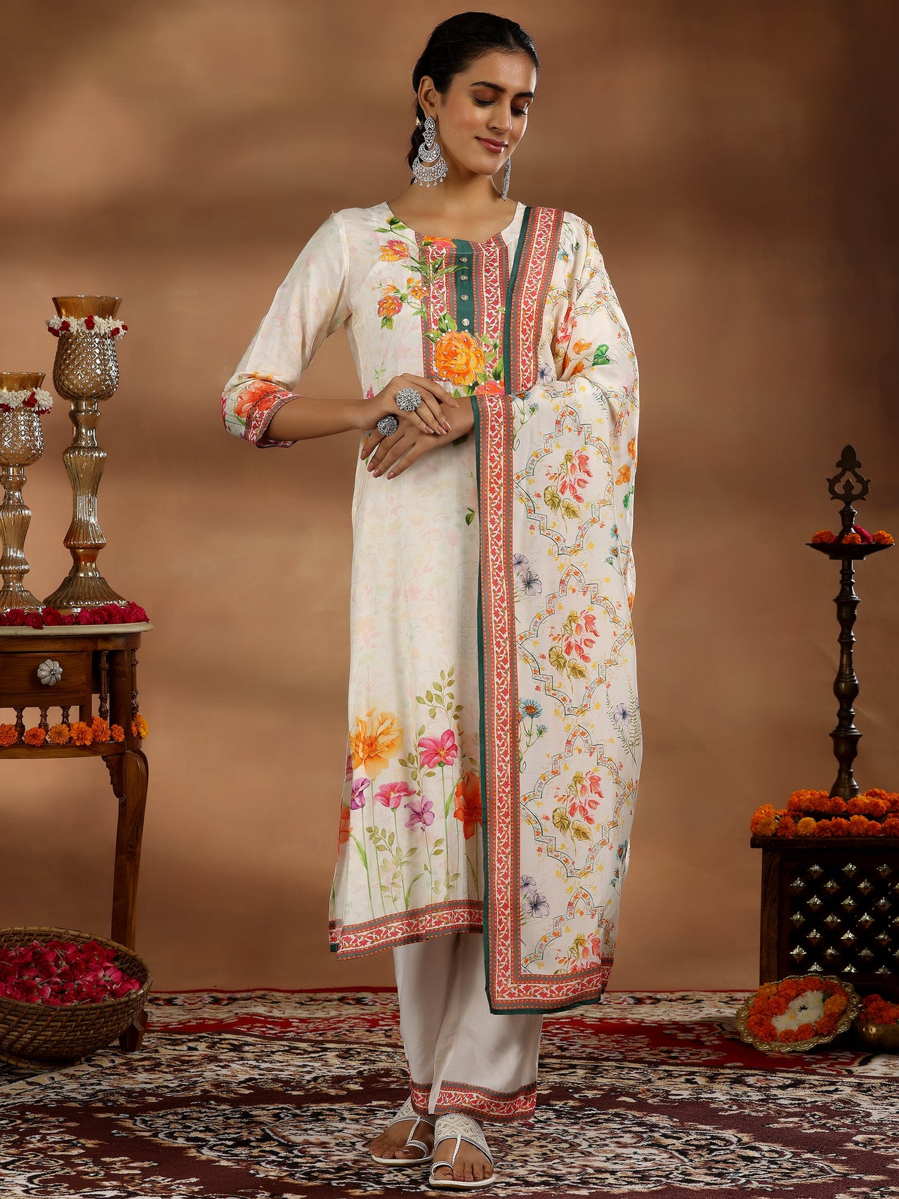 Off White Printed Muslin Straight Suit with Dupatta
