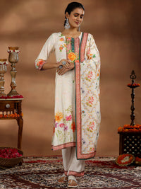Off White Printed Muslin Straight Suit with Dupatta