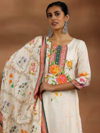 Off White Printed Muslin Straight Suit with Dupatta