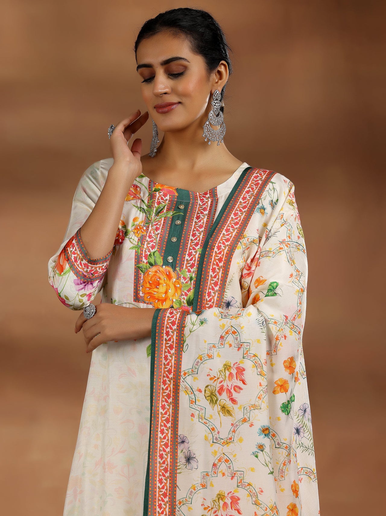 Off White Printed Muslin Straight Suit with Dupatta