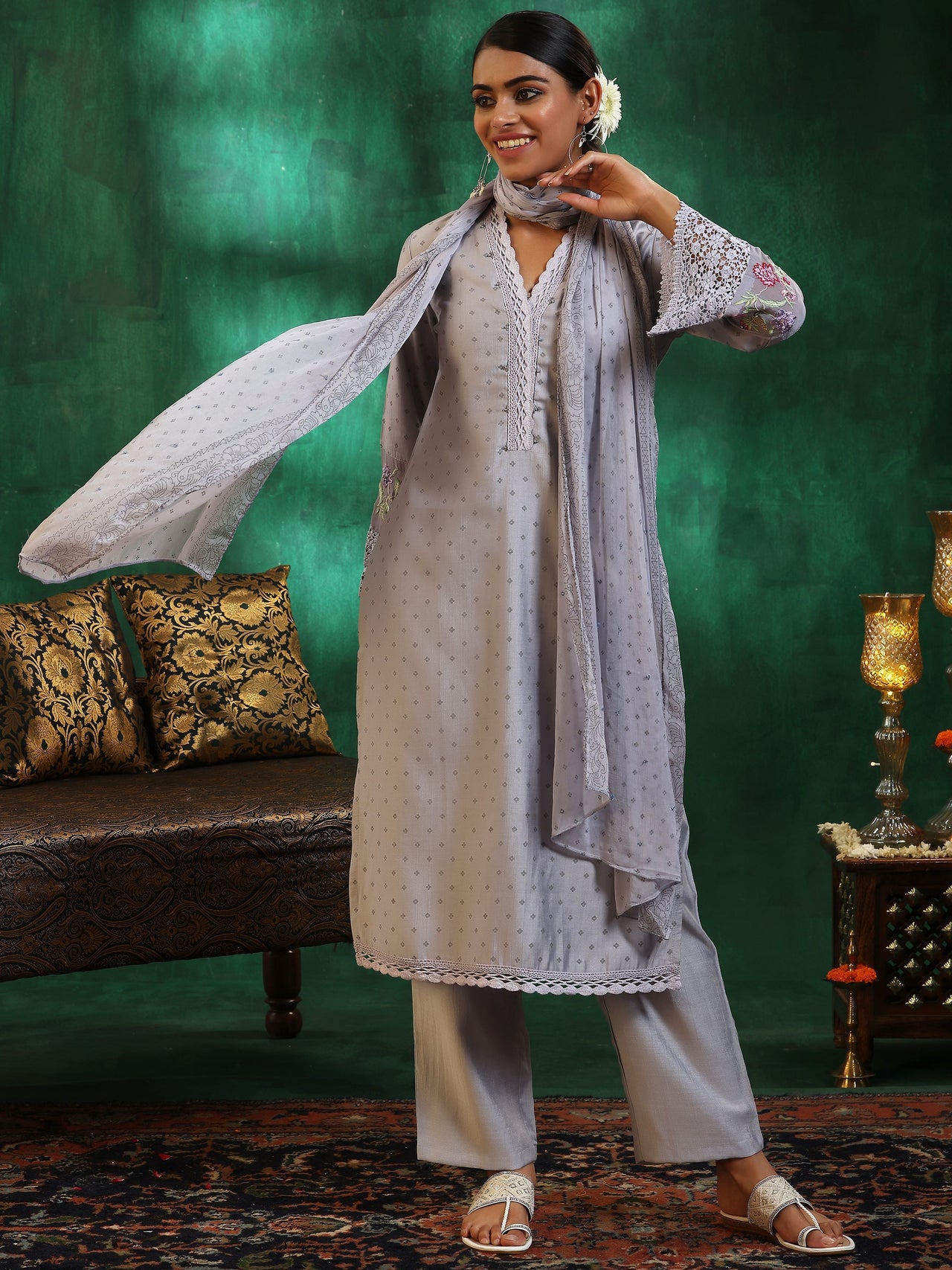 Grey Printed Silk Blend Straight Suit with Dupatta