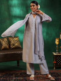 Grey Printed Silk Blend Straight Suit with Dupatta