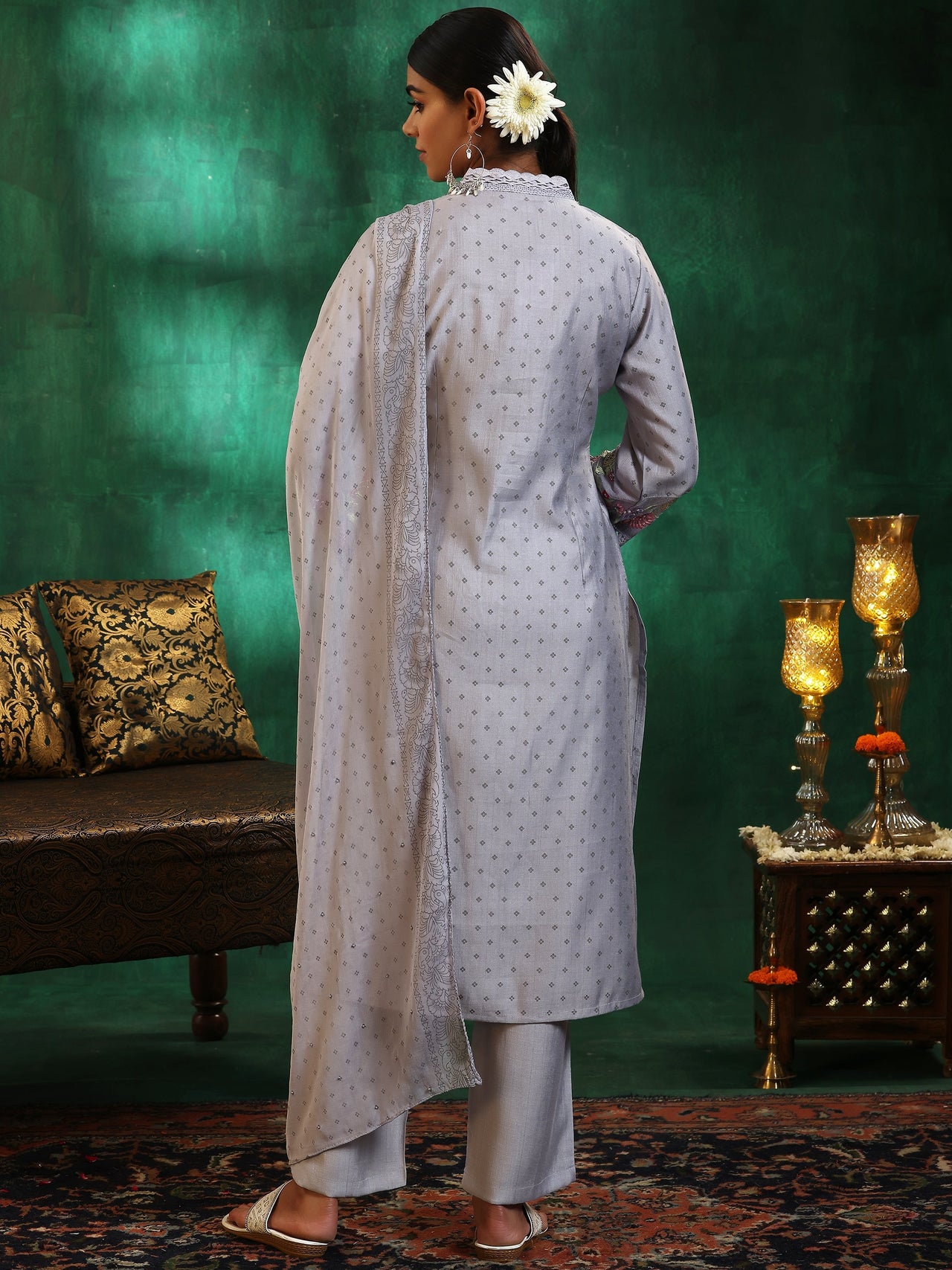 Grey Printed Silk Blend Straight Suit with Dupatta