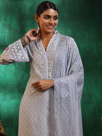 Grey Printed Silk Blend Straight Suit with Dupatta