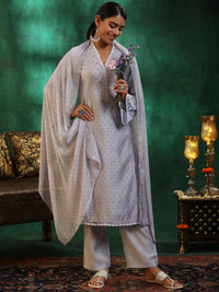 Grey Printed Silk Blend Straight Suit with Dupatta