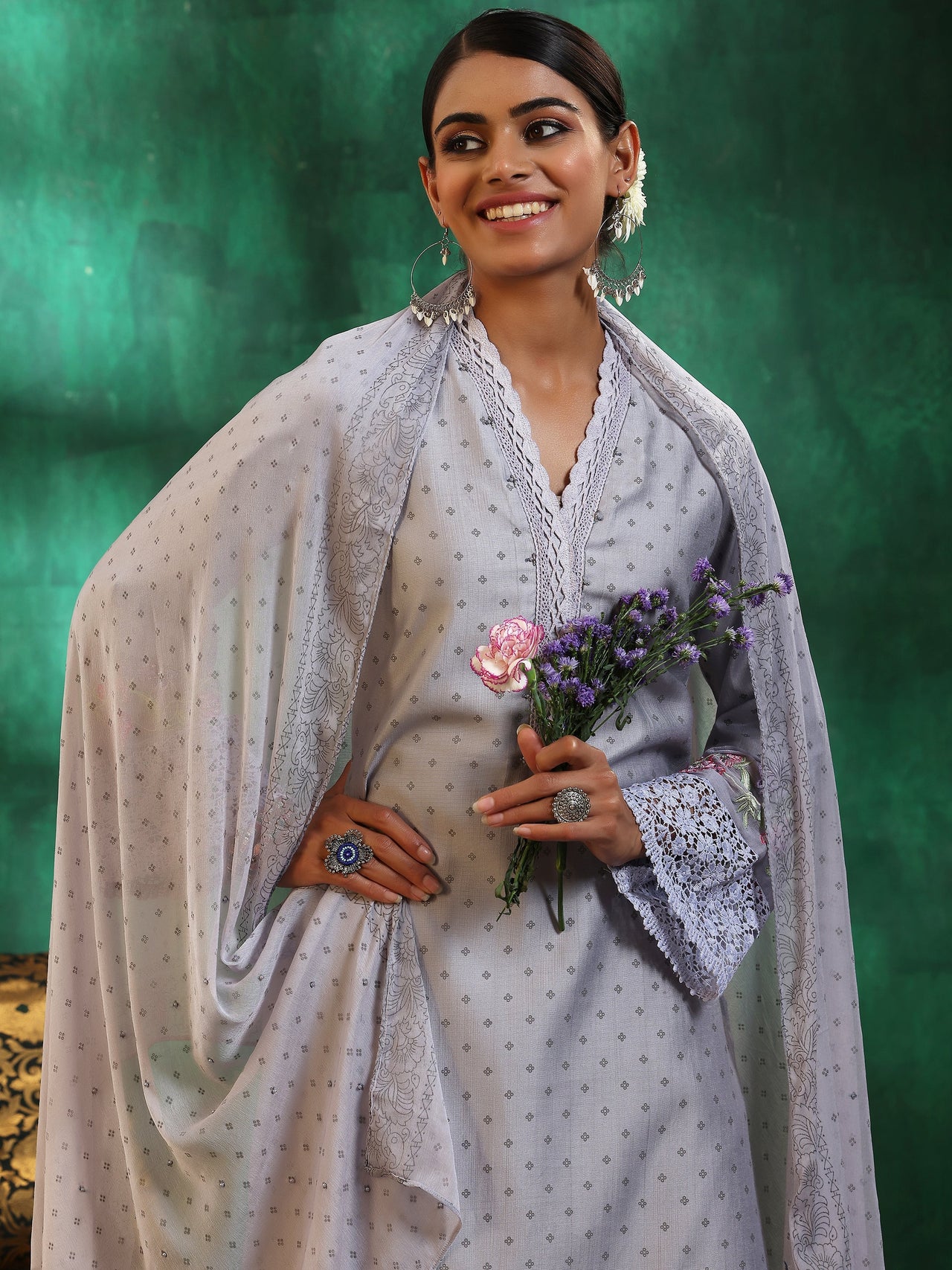 Grey Printed Silk Blend Straight Suit with Dupatta