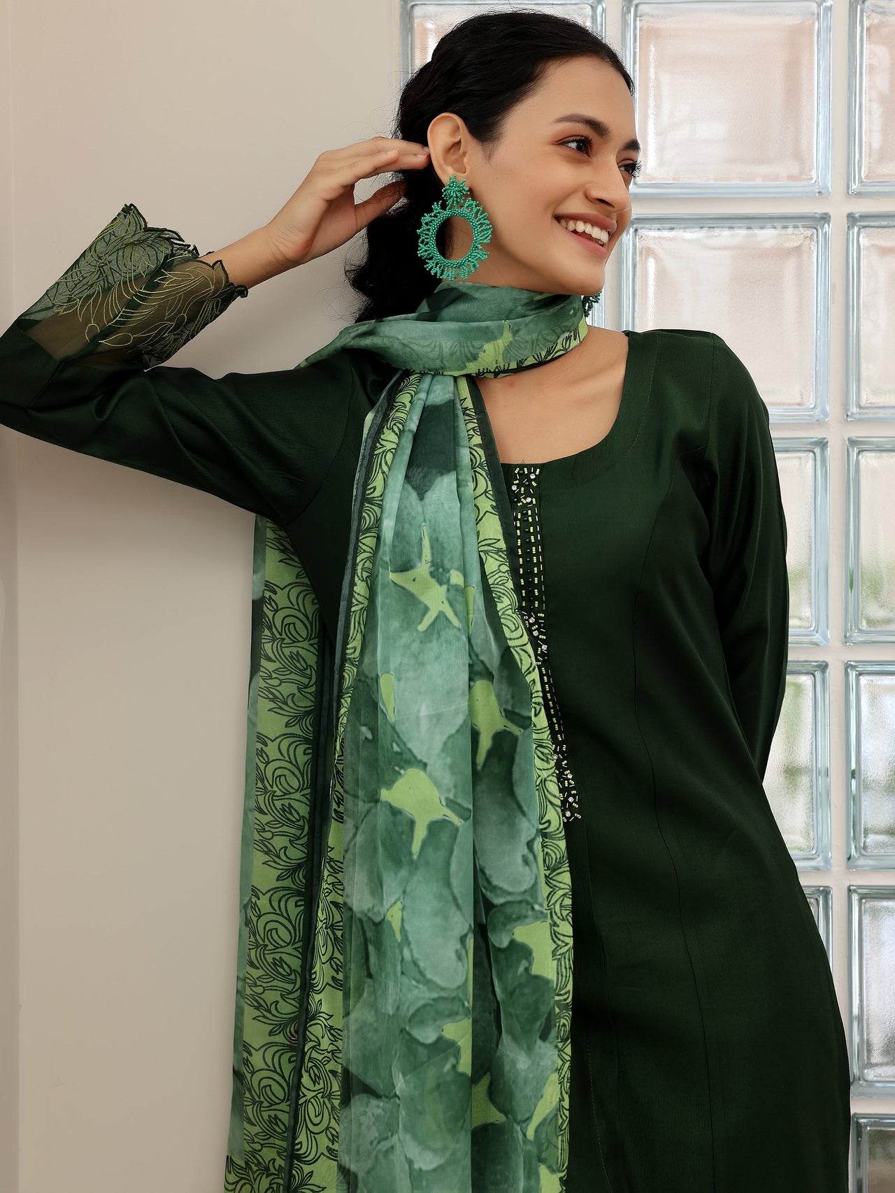 Green Yoke Design Silk Blend Straight Suit with Dupatta