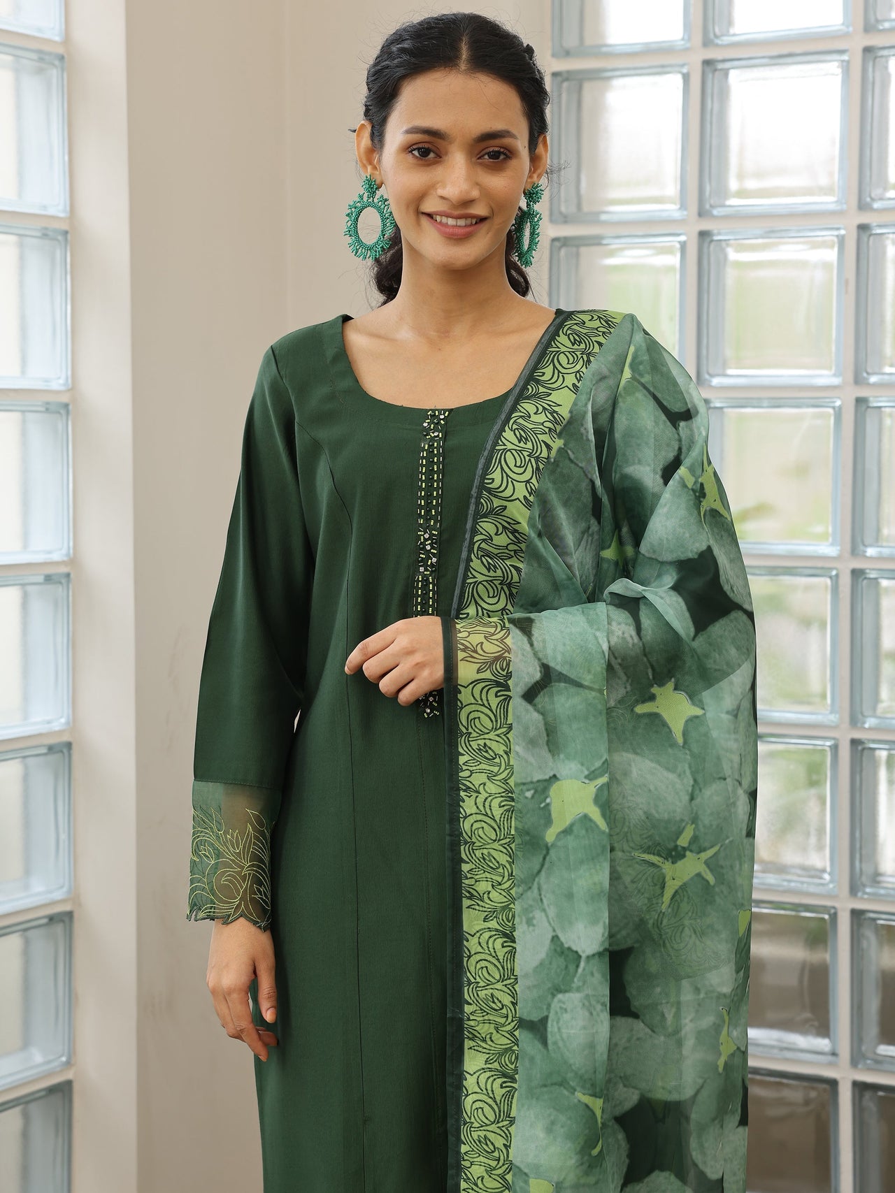 Green Yoke Design Silk Blend Straight Suit with Dupatta