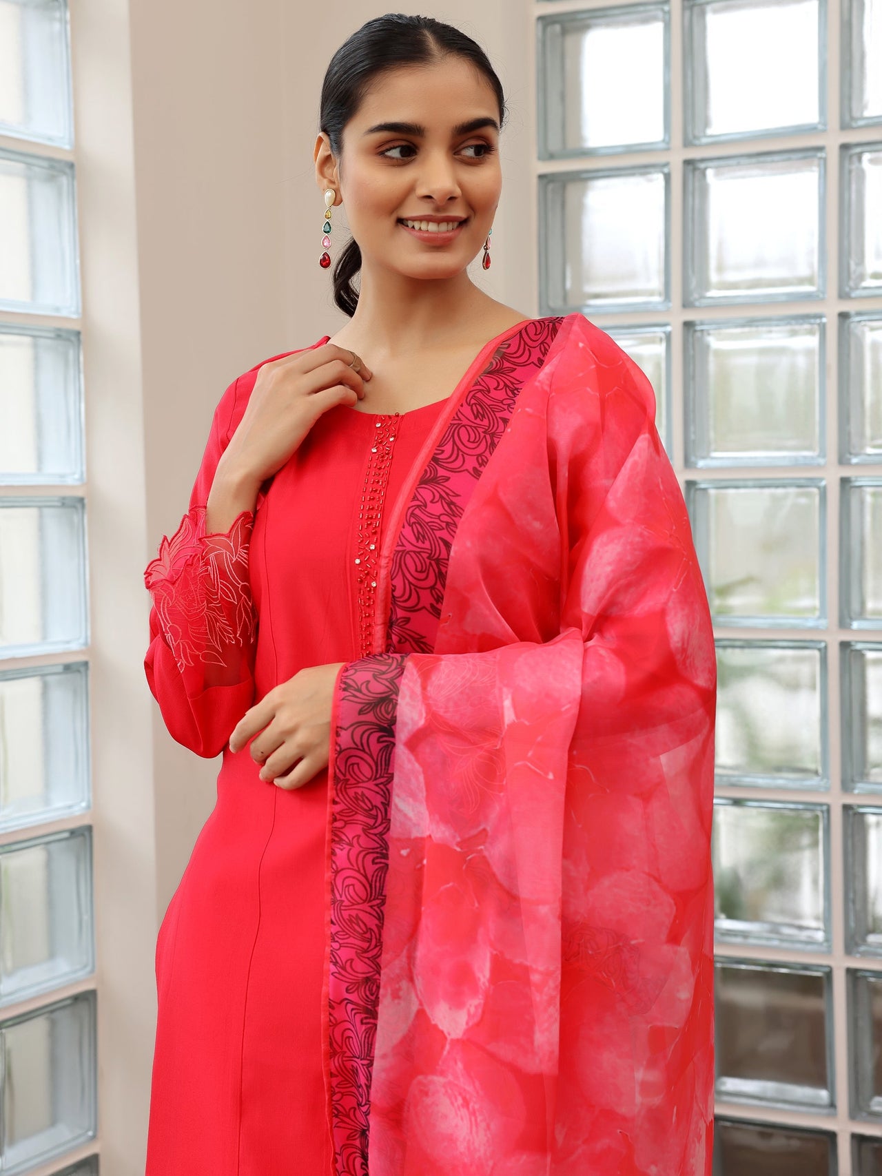 Red Yoke Design Silk Blend Straight Suit with Dupatta