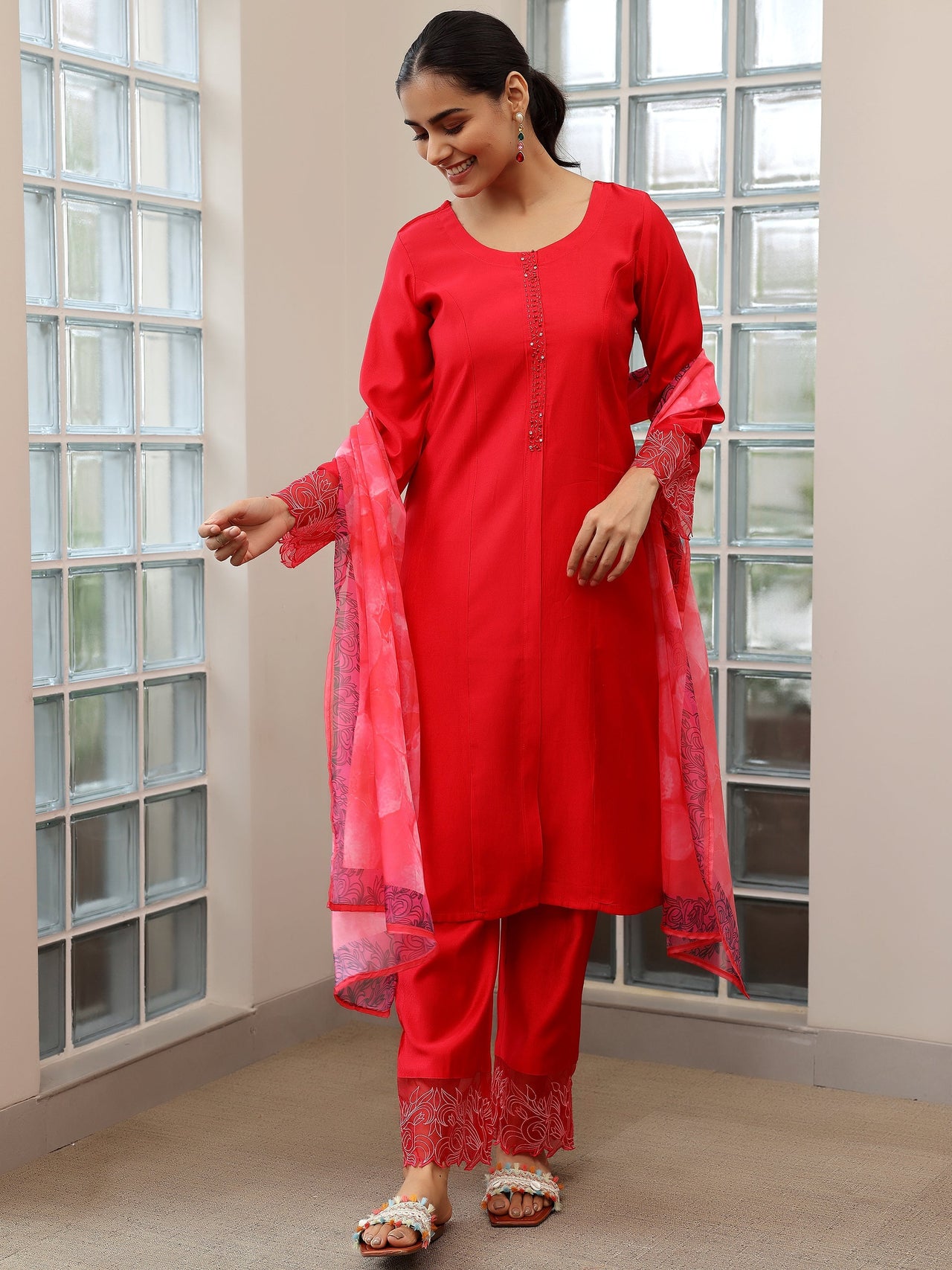 Red Yoke Design Silk Blend Straight Suit with Dupatta