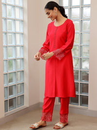 Red Yoke Design Silk Blend Straight Suit with Dupatta