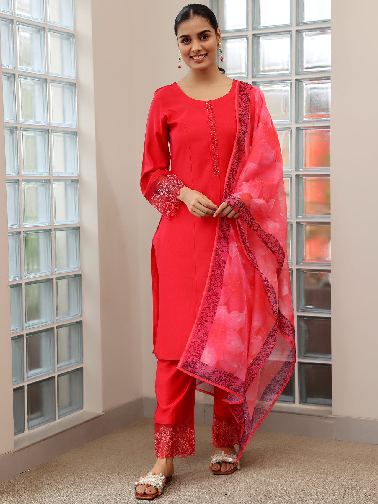Red Yoke Design Silk Blend Straight Suit with Dupatta