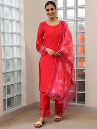 Red Yoke Design Silk Blend Straight Suit with Dupatta